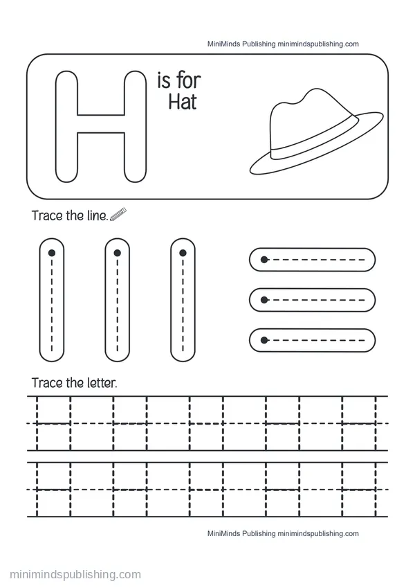 Trace the Letter H: H is for Hat — free printable Pre-K worksheet