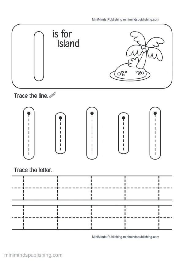 Trace the Letter I: I is for Island — free printable Pre-K worksheet