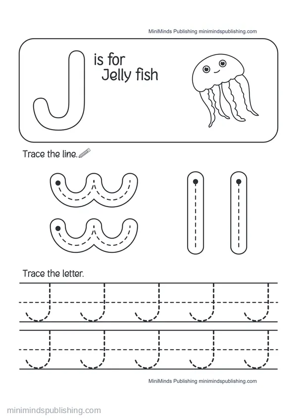 Trace the Letter J: J is for Jellyfish — free printable Pre-K worksheet
