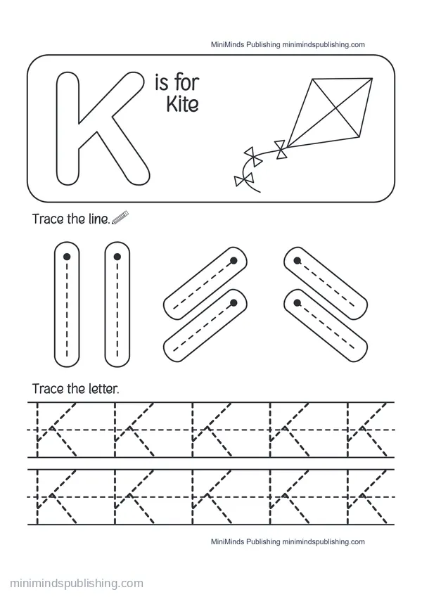 Trace the Letter K: K is for Kite — free printable Pre-K worksheet