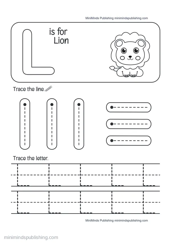 Trace the Letter L: L is for Lion — free printable Pre-K worksheet