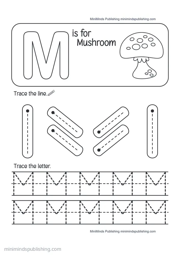 Trace the Letter M: M is for Mushroom — free printable Pre-K worksheet
