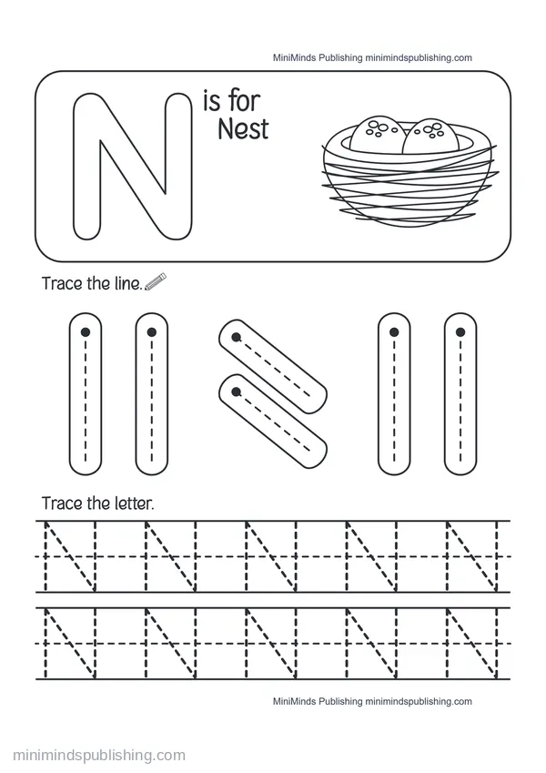 Trace the Letter N: N is for Nest — free printable Pre-K worksheet