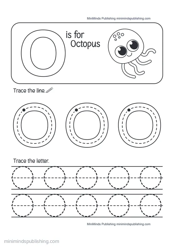 Trace the Letter O: O is for Octopus — free printable Pre-K worksheet