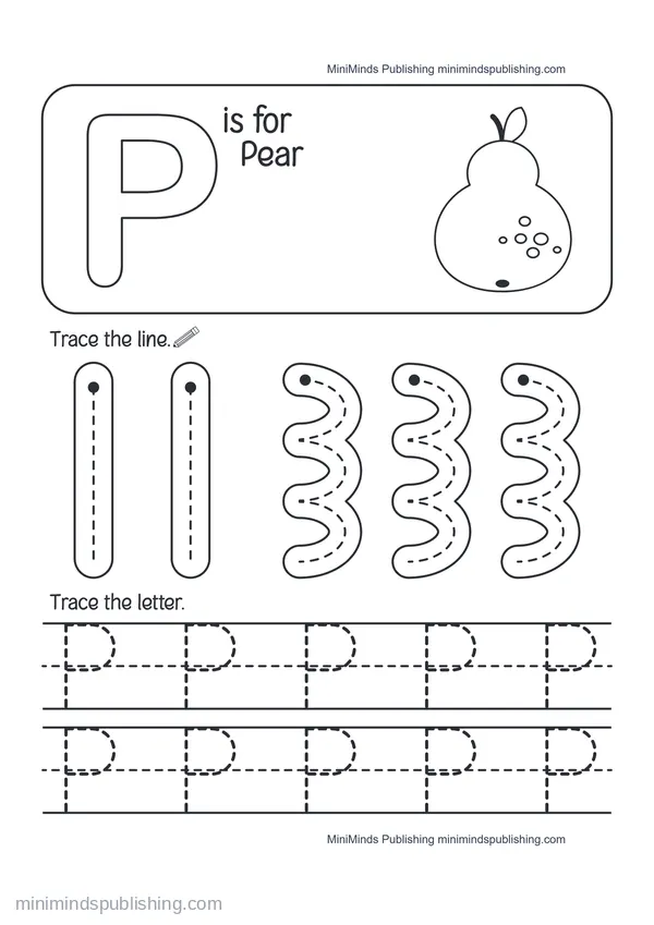 Trace the Letter P: P is for Pear — free printable Pre-K worksheet