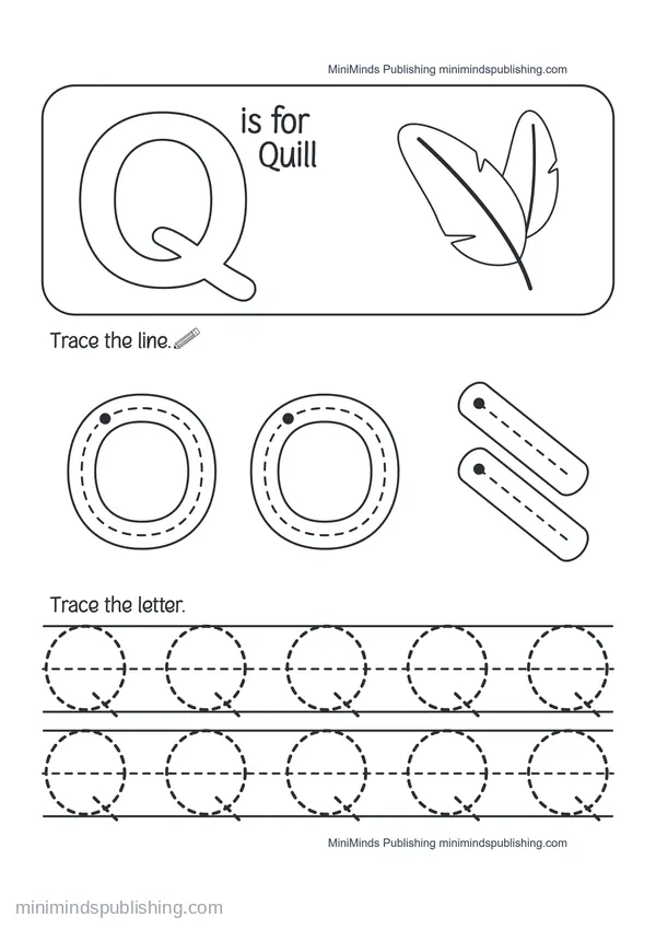 Trace the Letter Q: Q is for Quill — free printable Pre-K worksheet