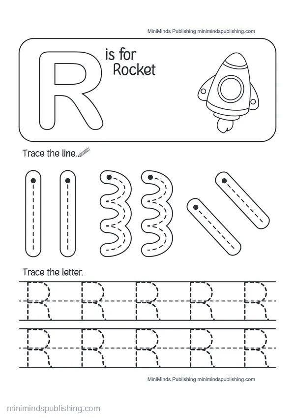 Trace the Letter R: R is for Rocket — free printable Pre-K worksheet