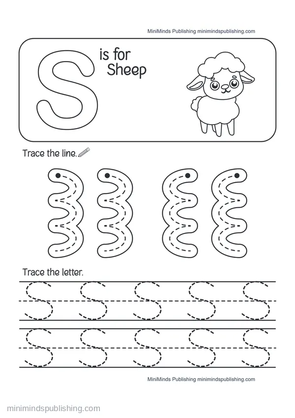 Trace the Letter S: S is for Sheep — free printable Pre-K worksheet