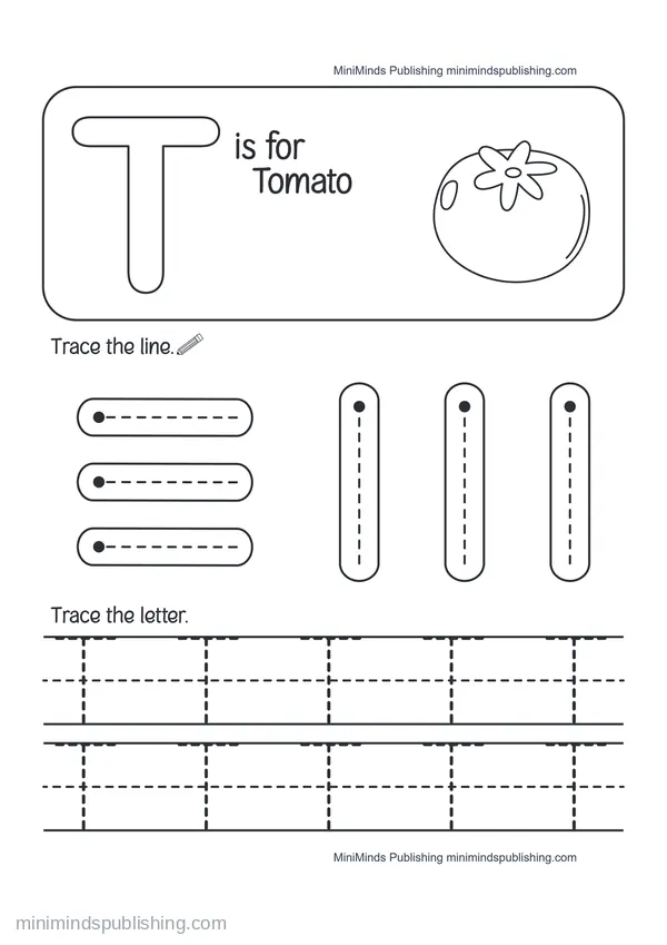 Trace the Letter T: T is for Tomato — free printable Pre-K worksheet