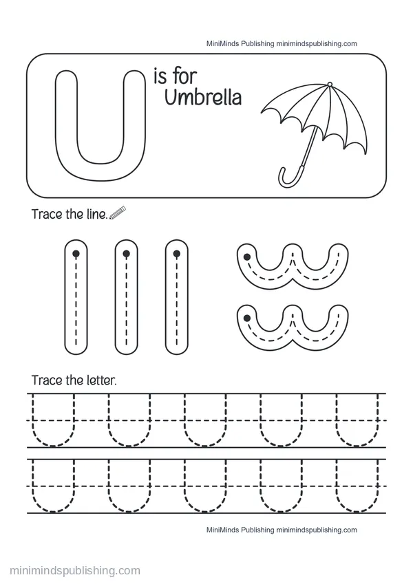 Trace the Letter U: U is for Umbrella — free printable Pre-K worksheet
