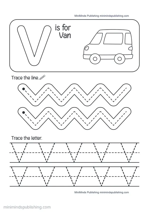 Trace the Letter V: V is for Van — free printable Pre-K worksheet