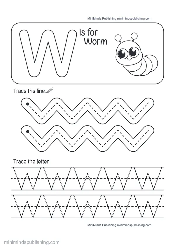Trace the Letter W: W is for Worm — free printable Pre-K worksheet