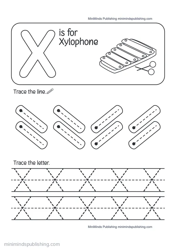 Trace the Letter X: X is for Xylophone — free printable Pre-K worksheet