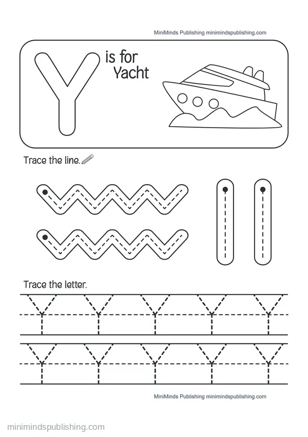 Trace the Letter Y: Y is for Yacht — free printable Pre-K worksheet
