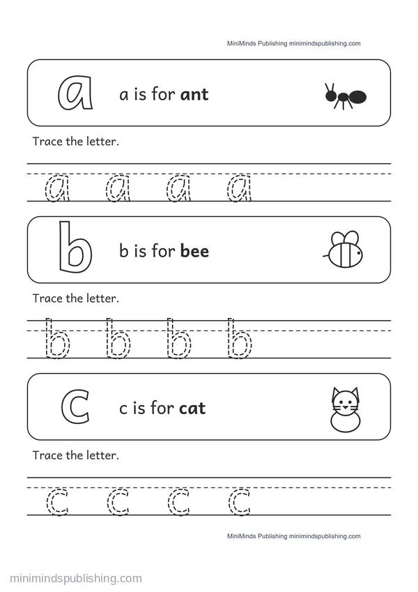 Trace the Lowercase Letters a, b, c — free printable Pre-K worksheet