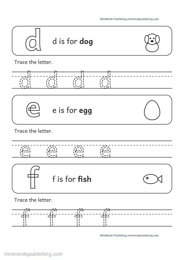 Trace the Lowercase Letters d, e, f — free printable Pre-K worksheet