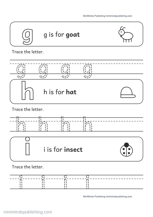 Trace the Lowercase Letters g, h, i — free printable Pre-K worksheet