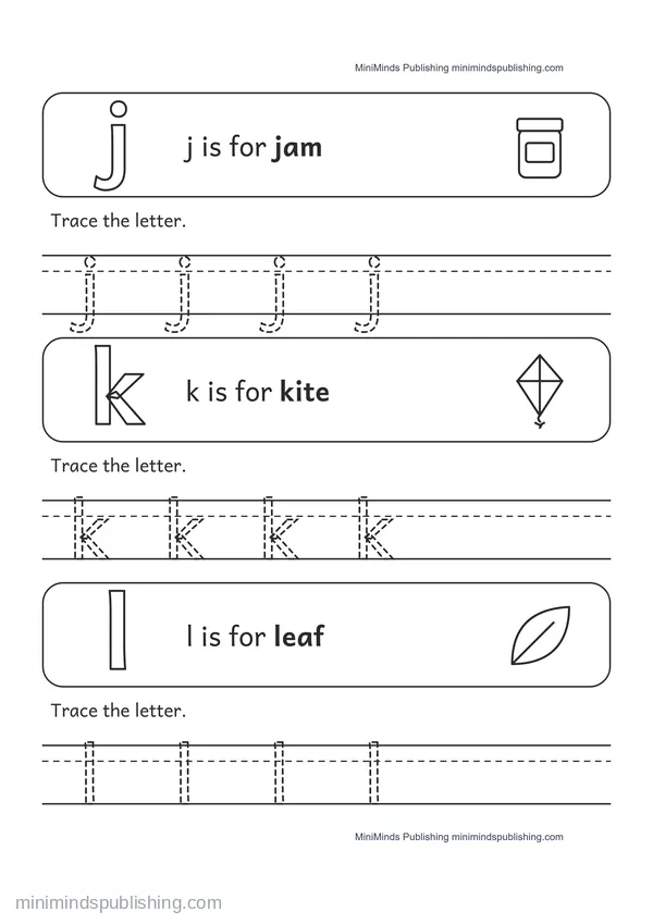 Trace the Lowercase Letters j, k, l — free printable Pre-K worksheet