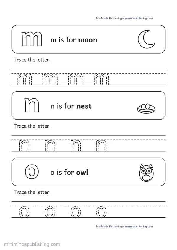 Trace the Lowercase Letters m, n, o — free printable Pre-K worksheet