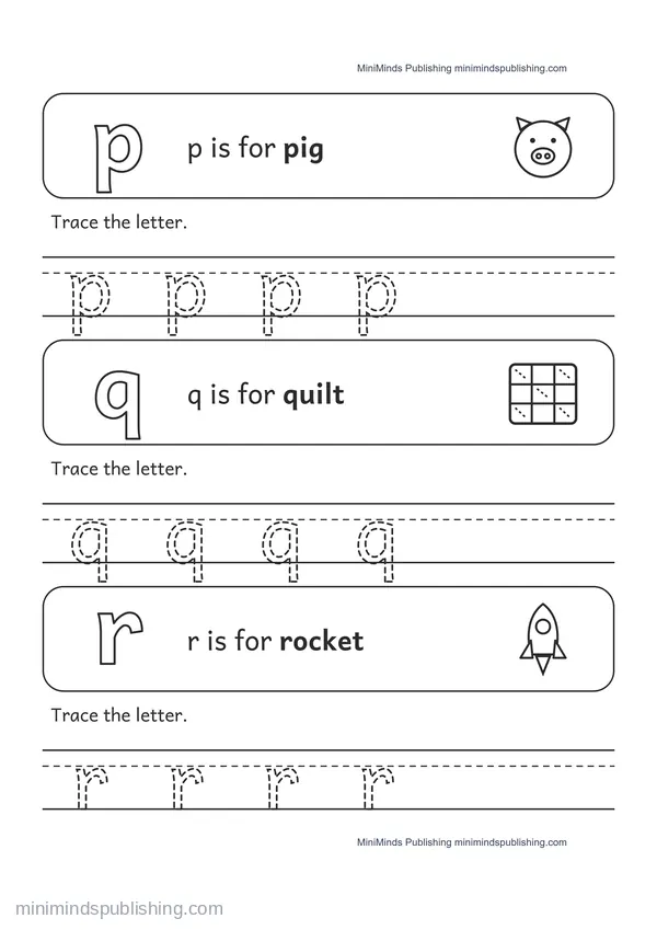 Trace the Lowercase Letters p, q, r — free printable Pre-K worksheet