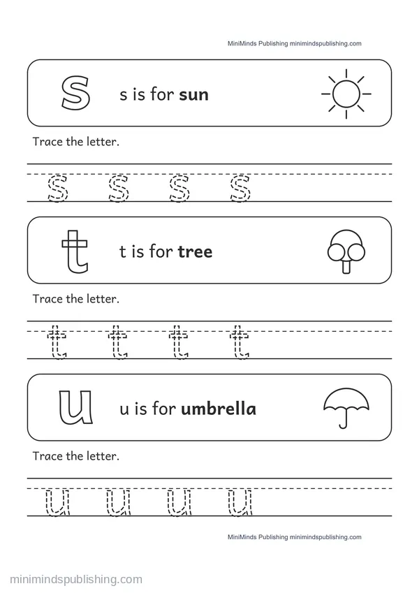 Trace the Lowercase Letters s, t, u — free printable Pre-K worksheet