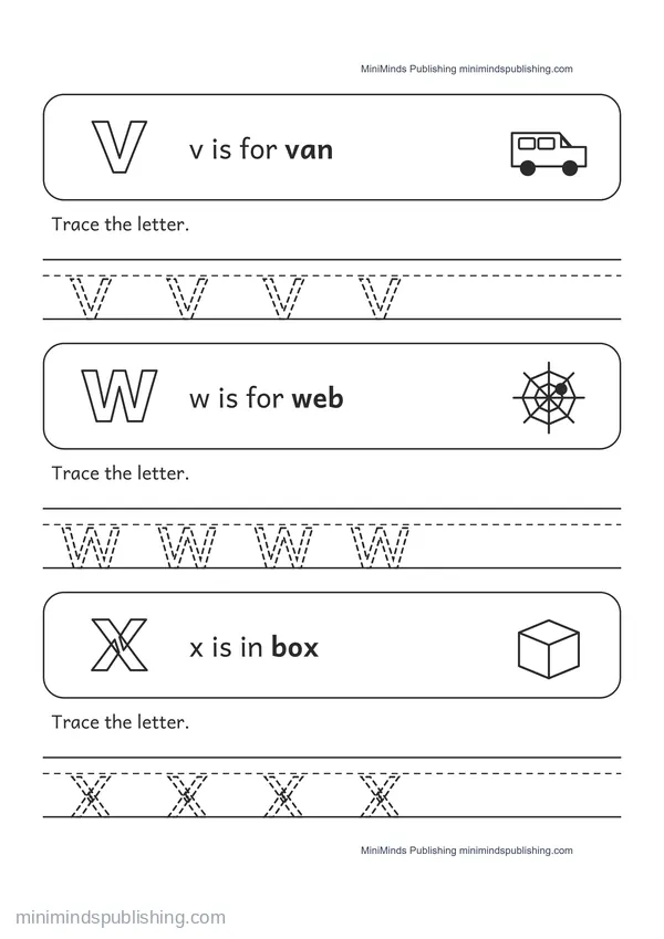 Trace the Lowercase Letters v, w, x — free printable Pre-K worksheet