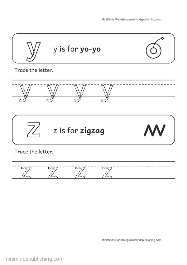 Trace the Lowercase Letters y, z — free printable Pre-K worksheet