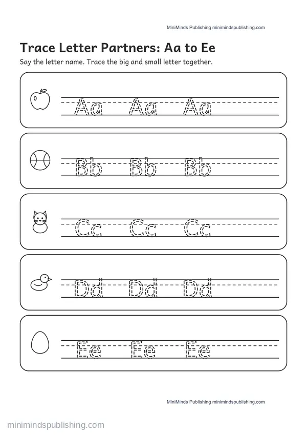 Trace Letter Partners: Aa to Ee — free printable Pre-K worksheet