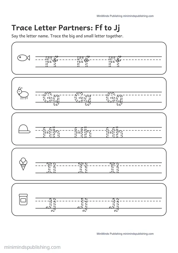 Trace Letter Partners: Ff to Jj — free printable Pre-K worksheet