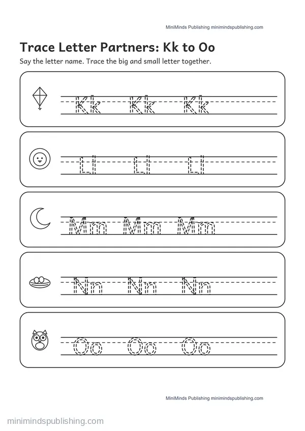 Trace Letter Partners: Kk to Oo — free printable Pre-K worksheet