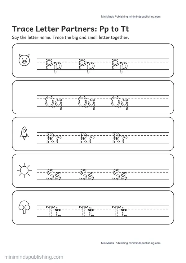 Trace Letter Partners: Pp to Tt — free printable Pre-K worksheet
