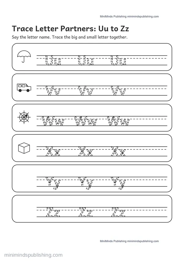 Trace Letter Partners: Uu to Zz — free printable Pre-K worksheet