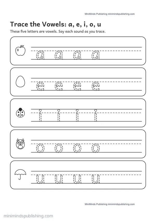 Trace the Vowels: a, e, i, o, u — free printable Pre-K worksheet