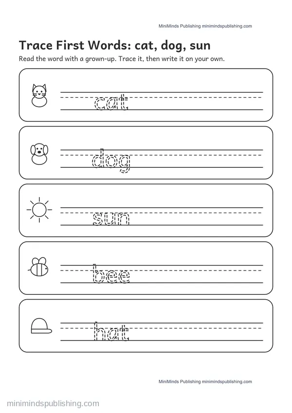 Trace First Words: cat, dog, sun — free printable Pre-K worksheet