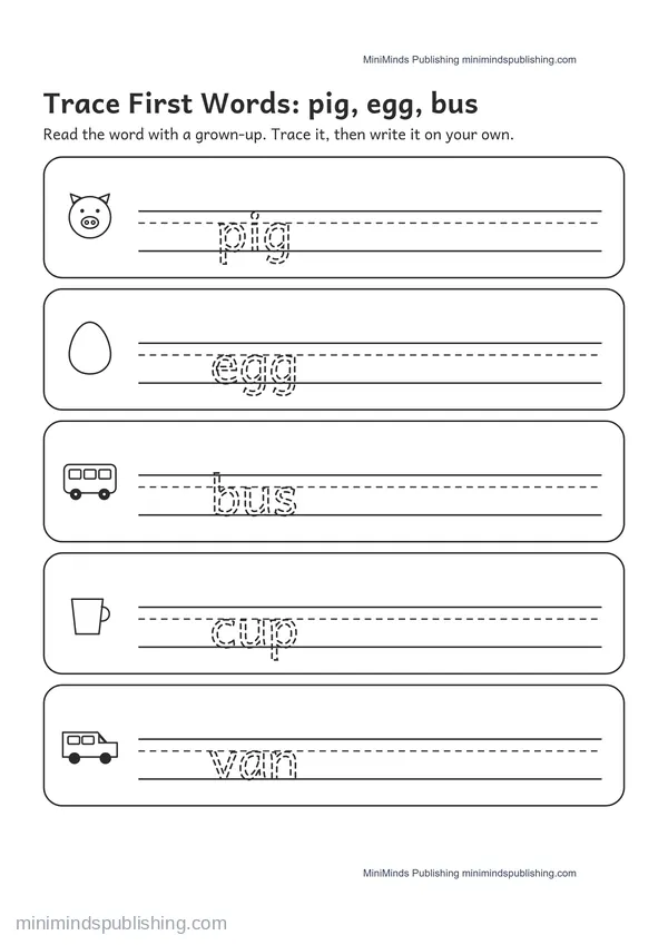 Trace First Words: pig, egg, bus — free printable Pre-K worksheet