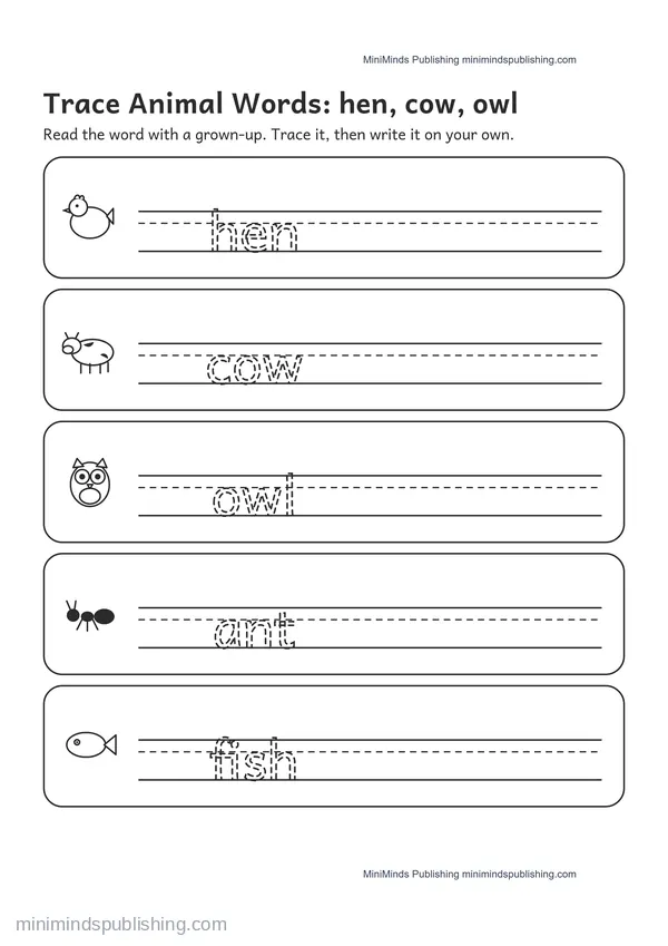 Trace Animal Words: hen, cow, owl — free printable Pre-K worksheet