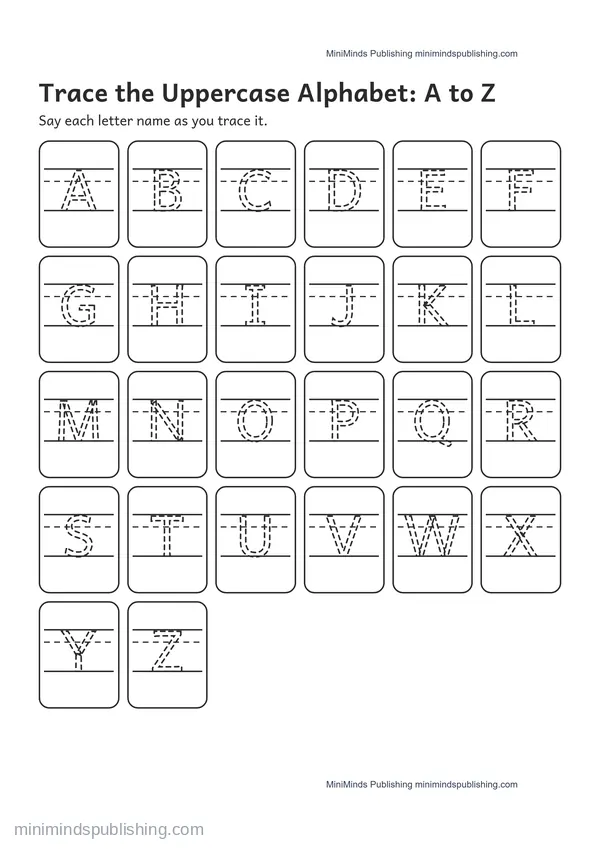 Trace the Uppercase Alphabet: A to Z — free printable Pre-K alphabet tracing worksheet for ages 3-5