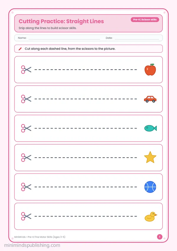 Cutting Practice: Straight Lines — free printable Pre-K worksheet