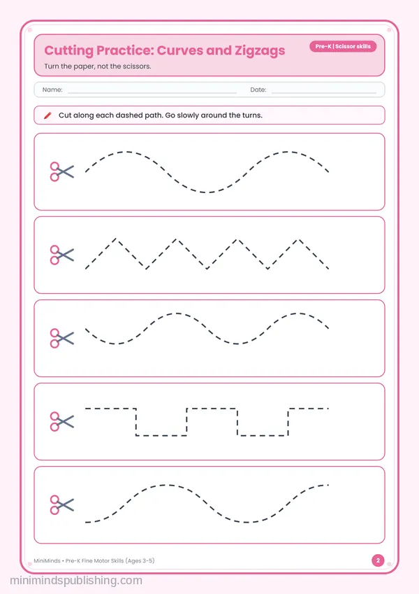Cutting Practice: Curves and Zigzags — free printable Pre-K worksheet