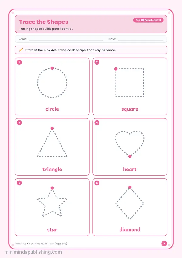 Trace the Shapes — free printable Pre-K worksheet