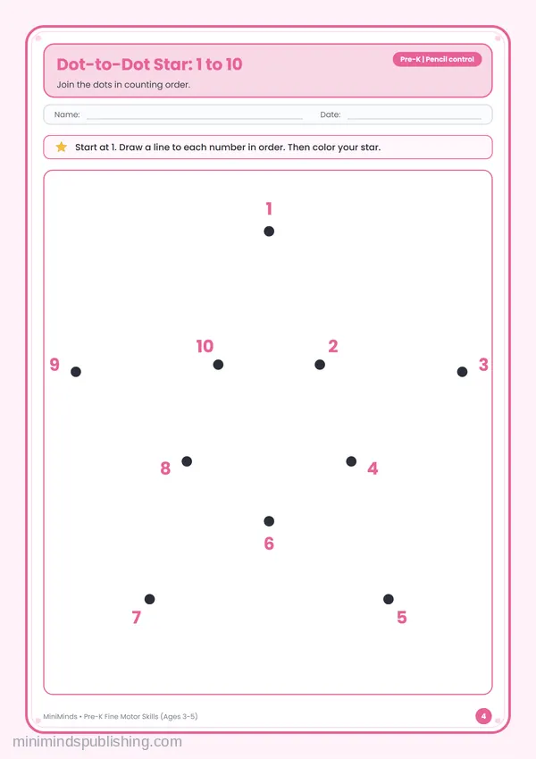 Dot-to-Dot Star: 1 to 10 — free printable Pre-K worksheet