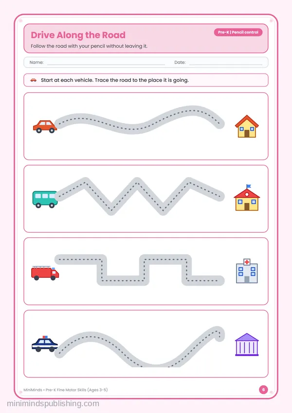 Drive Along the Road — free printable Pre-K worksheet