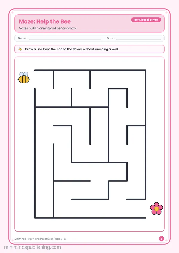 Maze: Help the Bee — free printable Pre-K worksheet