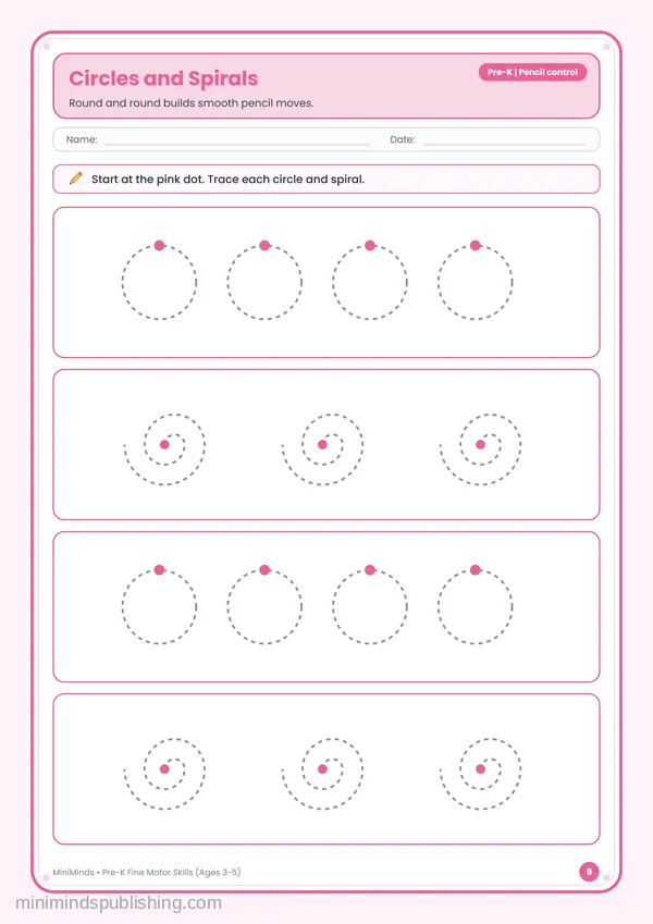 Circles and Spirals — free printable Pre-K worksheet