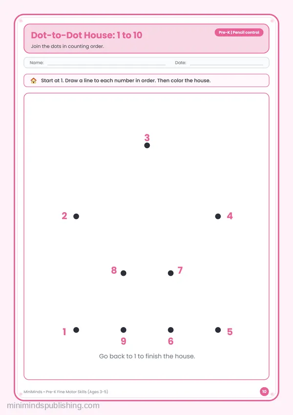Dot-to-Dot House: 1 to 10 — free printable Pre-K worksheet