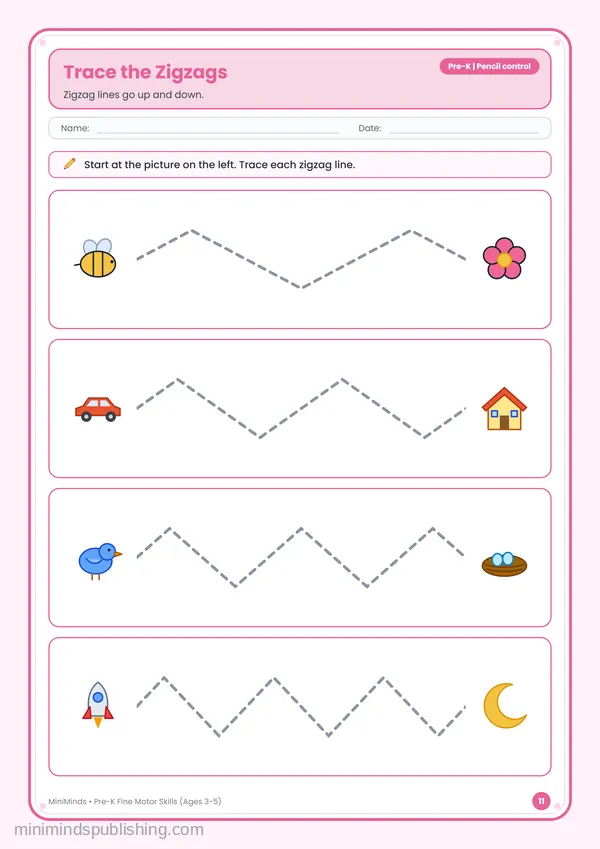Trace the Zigzags — free printable Pre-K worksheet