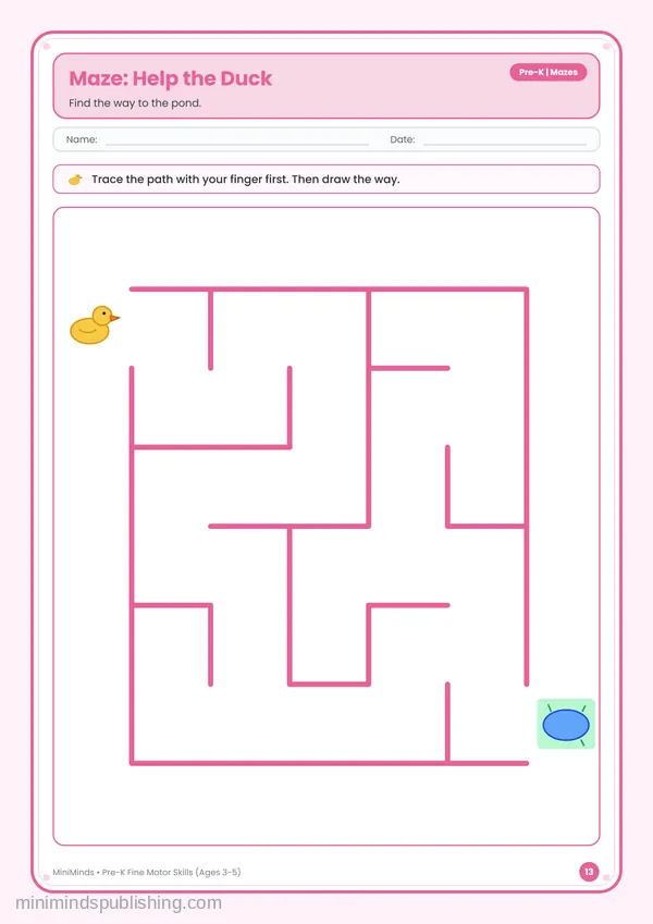 Maze: Help the Duck — free printable Pre-K worksheet