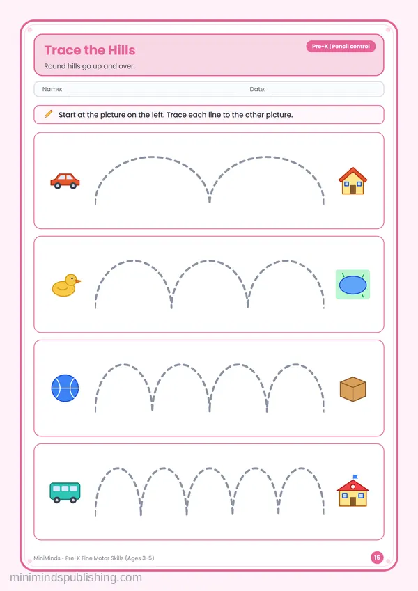 Trace the Hills — free printable Pre-K worksheet
