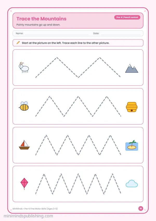 Trace the Mountains — free printable Pre-K worksheet