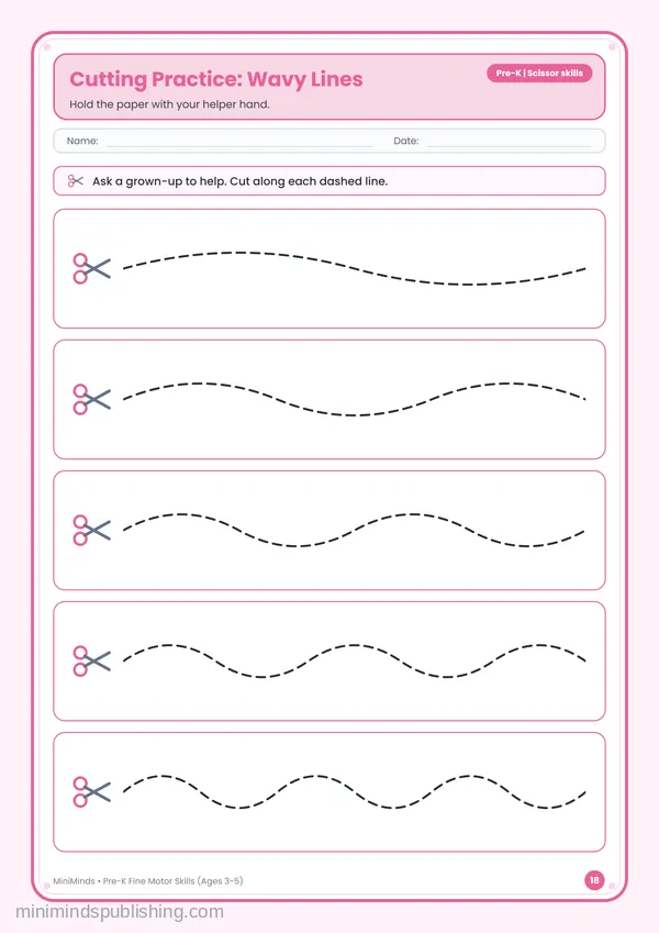 Cutting Practice: Wavy Lines — free printable Pre-K worksheet